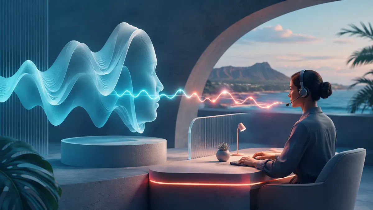 Futuristic illustration: AI voice answering and a human call agent in a Hawaiʻi-inspired setting