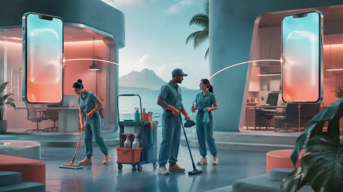 Futuristic illustration: Mobile scheduling for cleaning crews in a Hawaiʻi-inspired setting