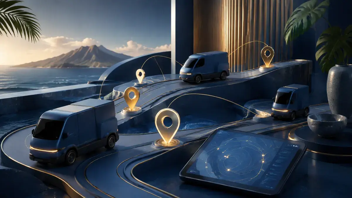 Futuristic illustration: Delivery vehicles and dispatch tracking in a Hawaiʻi-inspired setting