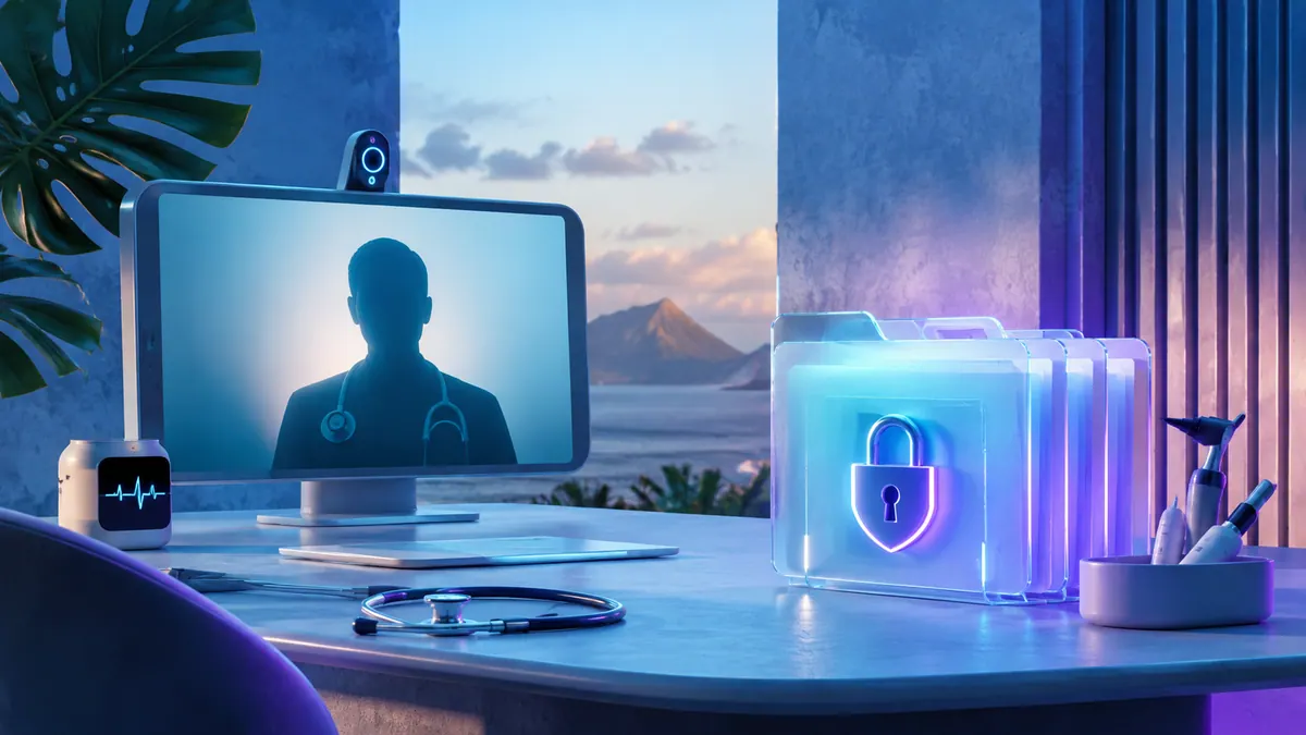 Futuristic illustration: Telehealth and secure clinical information in a Hawaiʻi-inspired setting