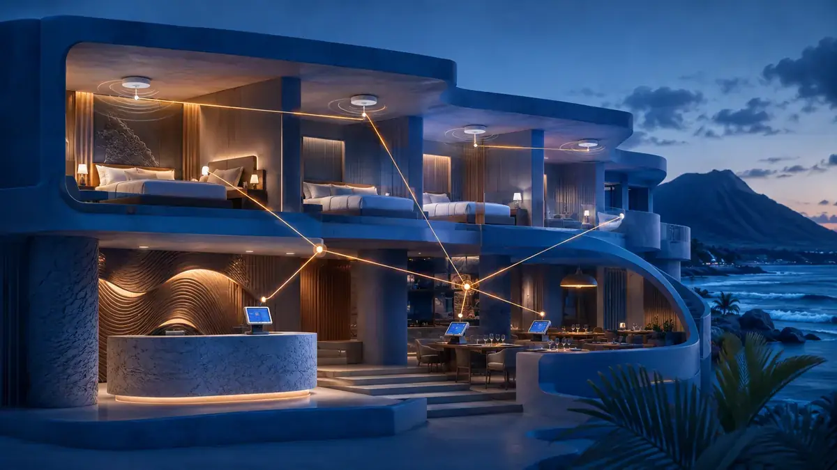 Futuristic illustration: Hotel Wi-Fi and connected guest services in a Hawaiʻi-inspired setting
