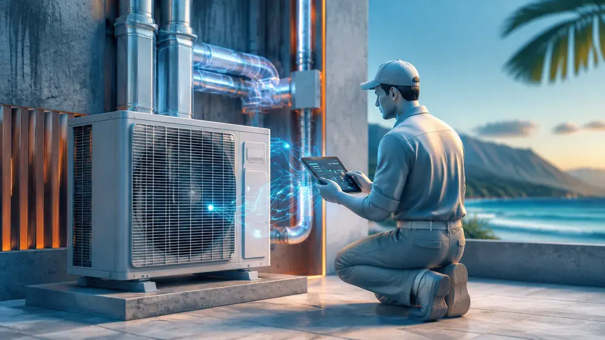 Futuristic illustration: HVAC diagnostics and field communications in a Hawaiʻi-inspired setting