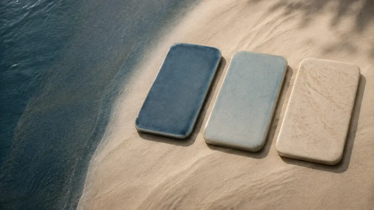 Mobile device plans: three smooth rounded rectangular ceramic tiles arranged neatly like phones, ocean blue and sand