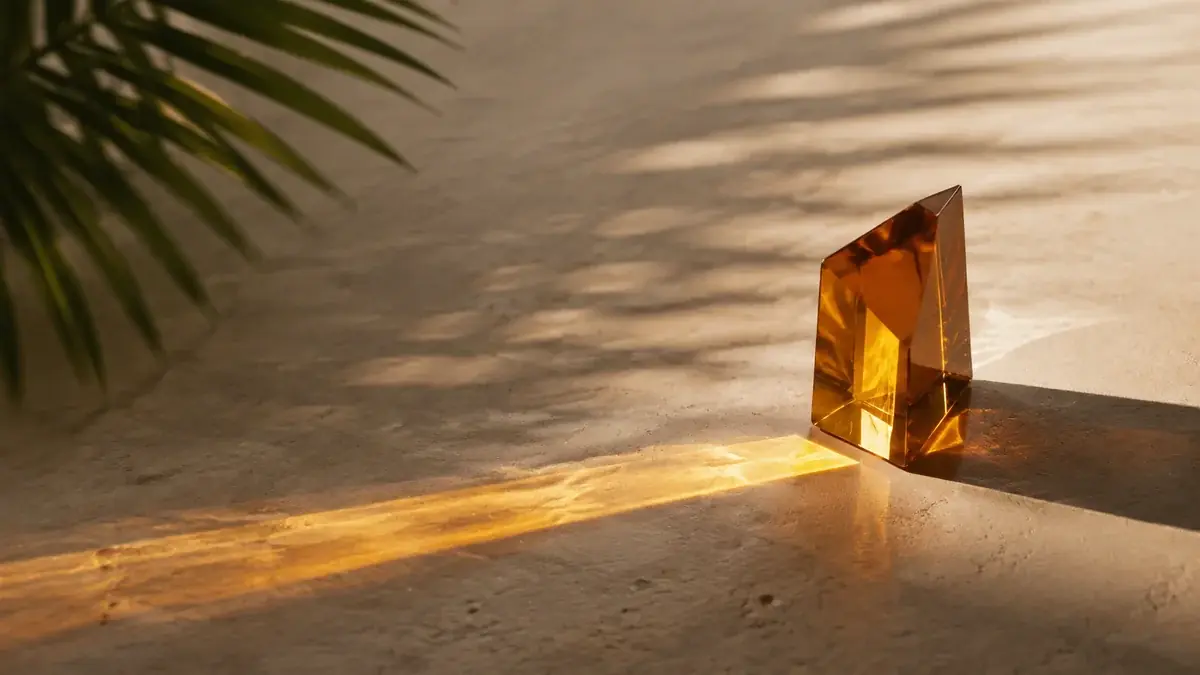 Practical AI: a single warm amber glass prism bringing scattered soft light into an orderly band