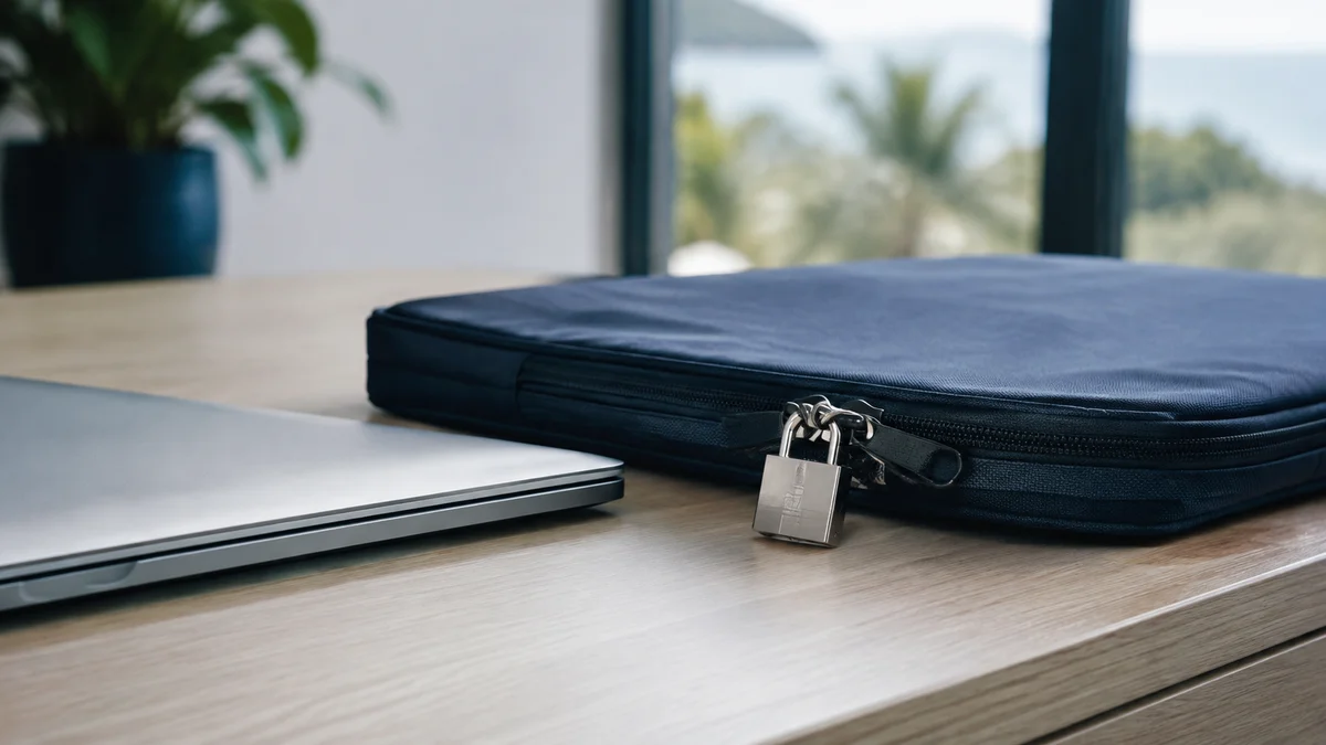 A padlock securing a laptop sleeve beside a business laptop