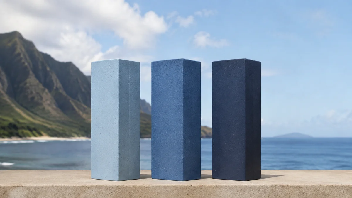 Carrier comparison: three equal matte pillars of different blue tones in balanced daylight