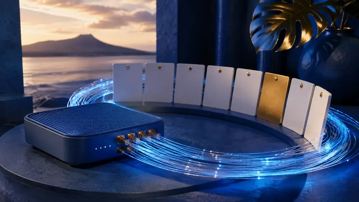 Futuristic illustration: Business router and internet renewal planning in a Hawaiʻi-inspired setting