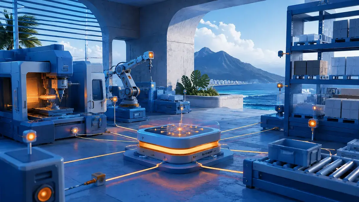 Futuristic illustration: Connected factory machinery and sensors in a Hawaiʻi-inspired setting