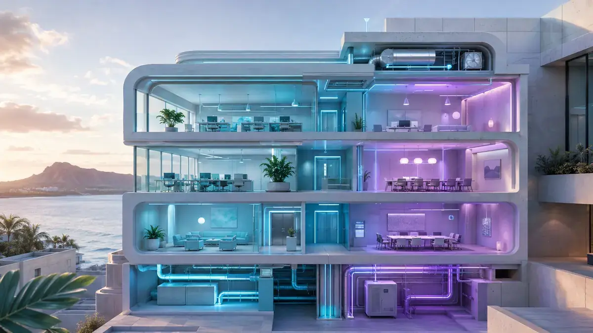 Futuristic illustration: Commercial building and tenant networks in a Hawaiʻi-inspired setting