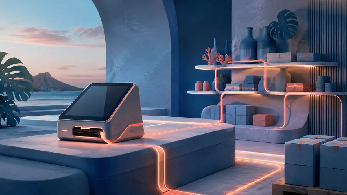 Futuristic illustration: Retail checkout and connected inventory in a Hawaiʻi-inspired setting
