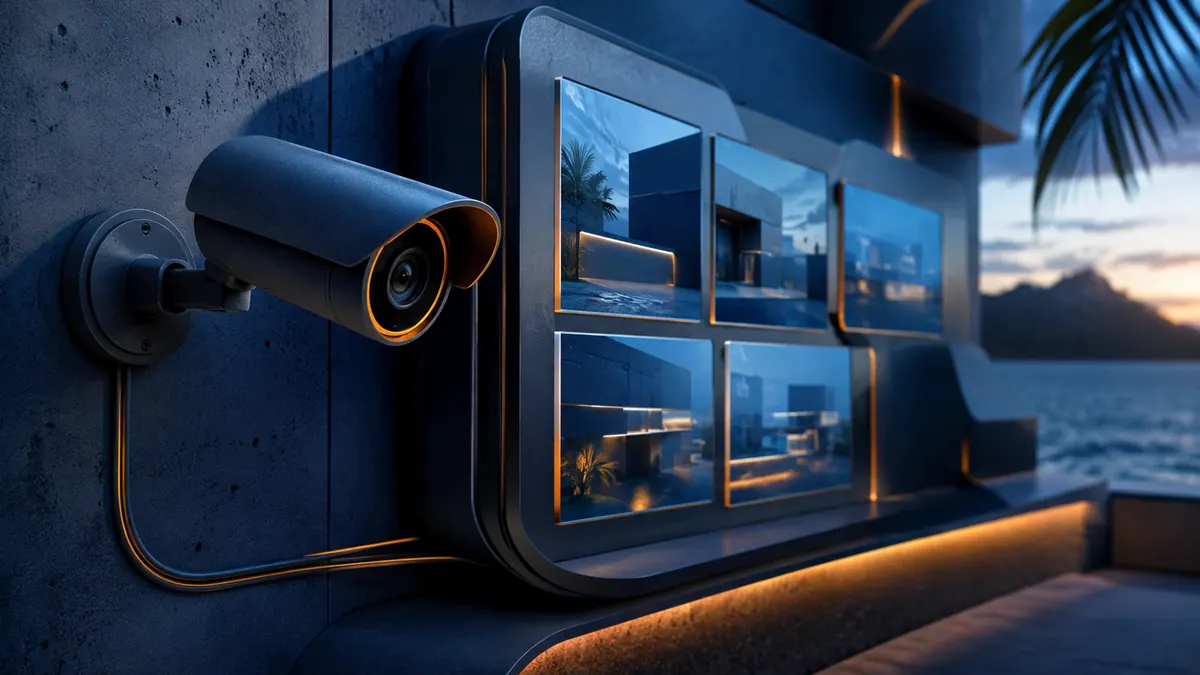 Futuristic illustration: Surveillance cameras and secure monitoring in a Hawaiʻi-inspired setting