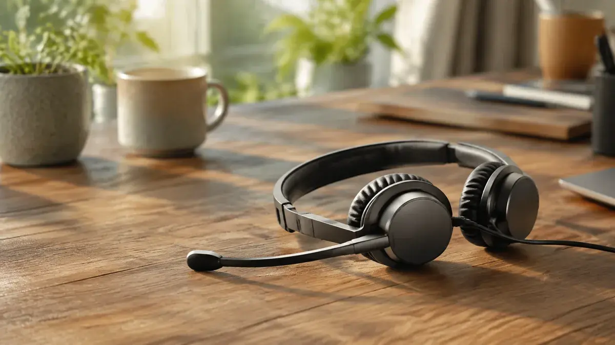 Headset resting on a wooden surface