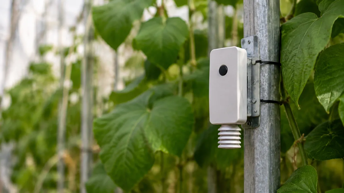 Sensor beside greenhouse plants
