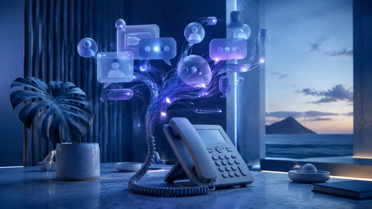 Futuristic illustration: Desk phone and cloud communications in a Hawaiʻi-inspired setting