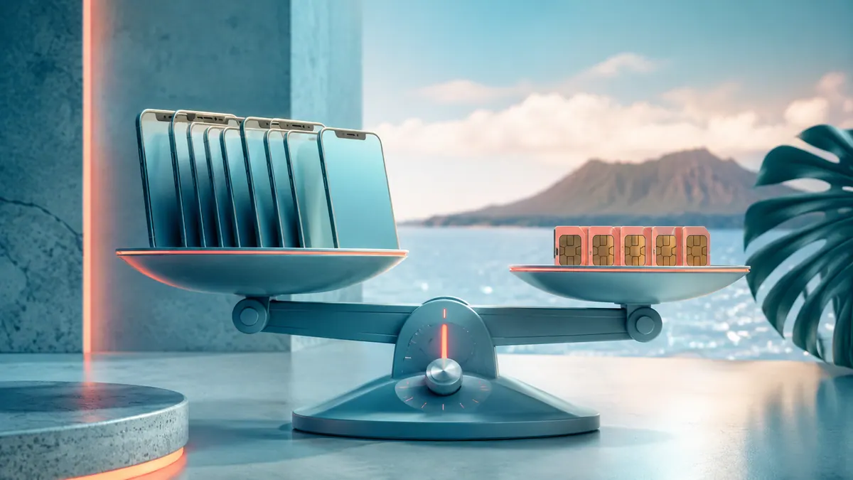 Futuristic illustration: Business smartphones and wireless plan management in a Hawaiʻi-inspired setting